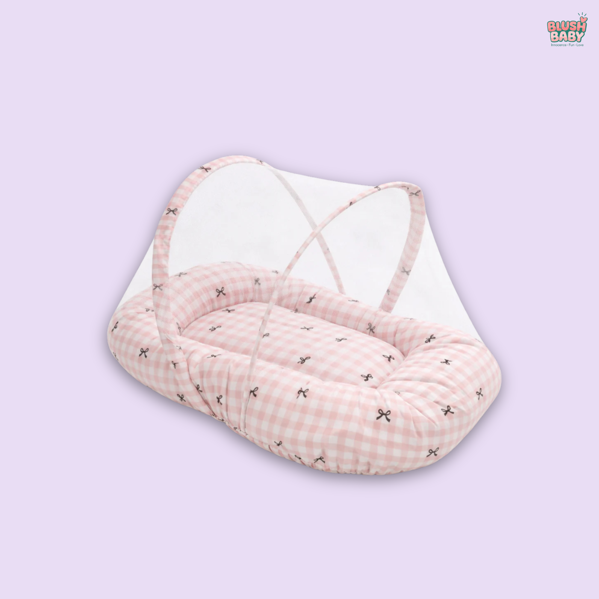 Baby Pink Checks Print Baby Mosquito Net Bed