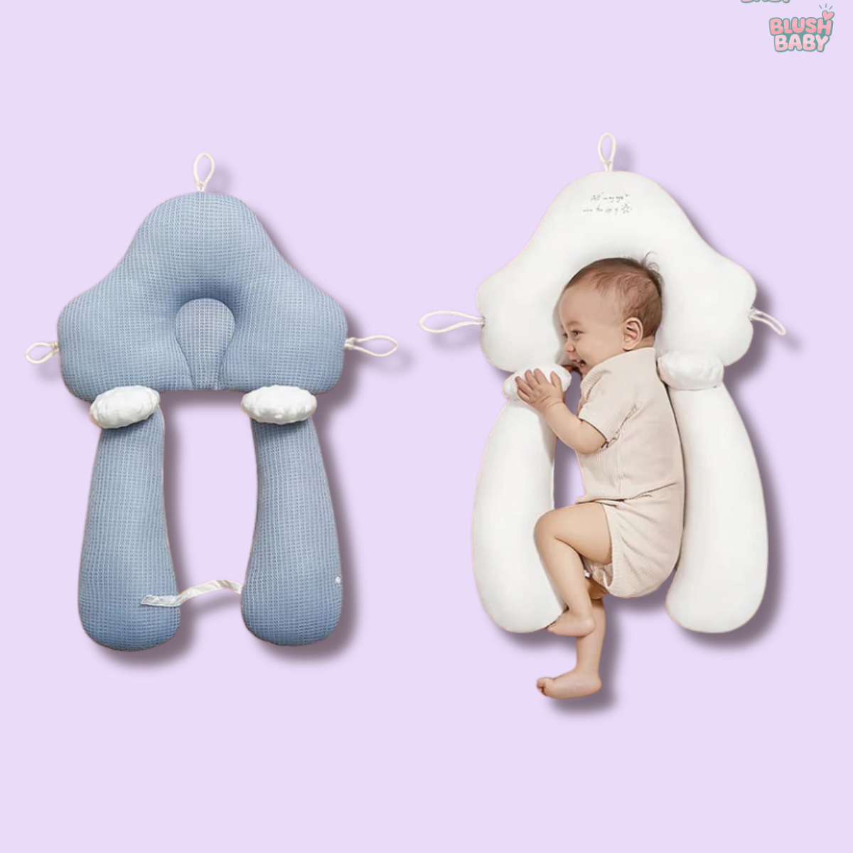 Baby lying on a white cloud-shaped pillow with a blue elephant toy on a light purple background